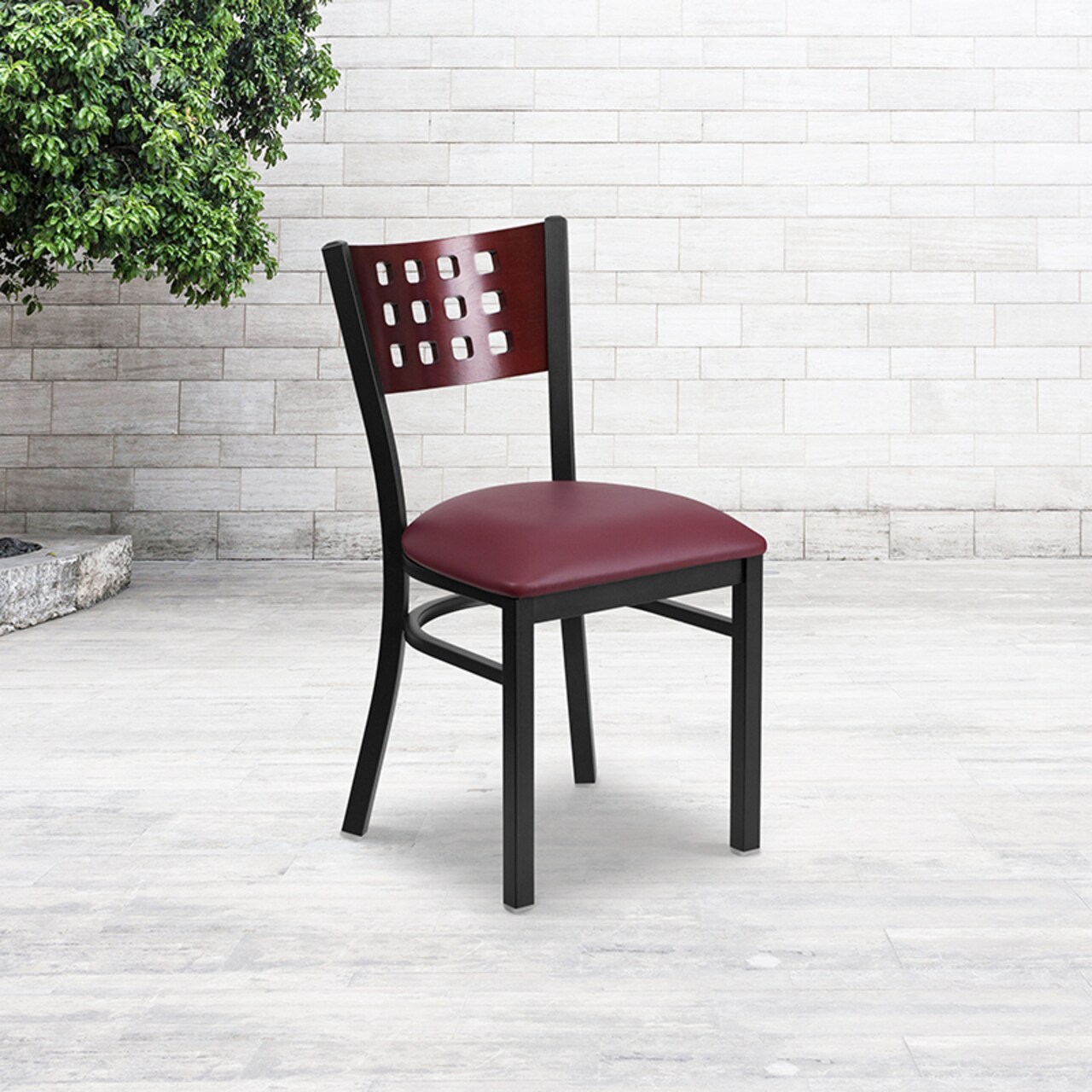 Flash Furniture HERCULES Series Black Cutout Back Metal Restaurant Chair - Mahogany Wood Back, Burgundy Vinyl Seat
